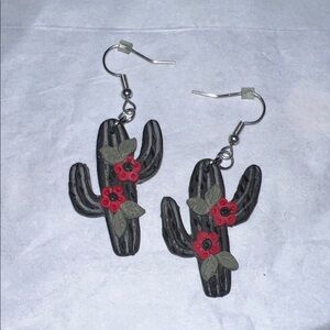 Handmade Clay Cactus Earrings with Red Flowers